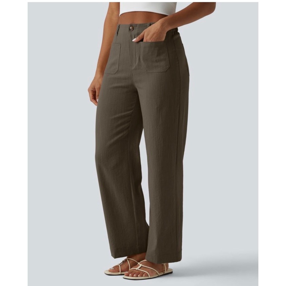 Halara High Waist Straight Leg Casual Linen Feel Pant Earthy Brown Small NWT